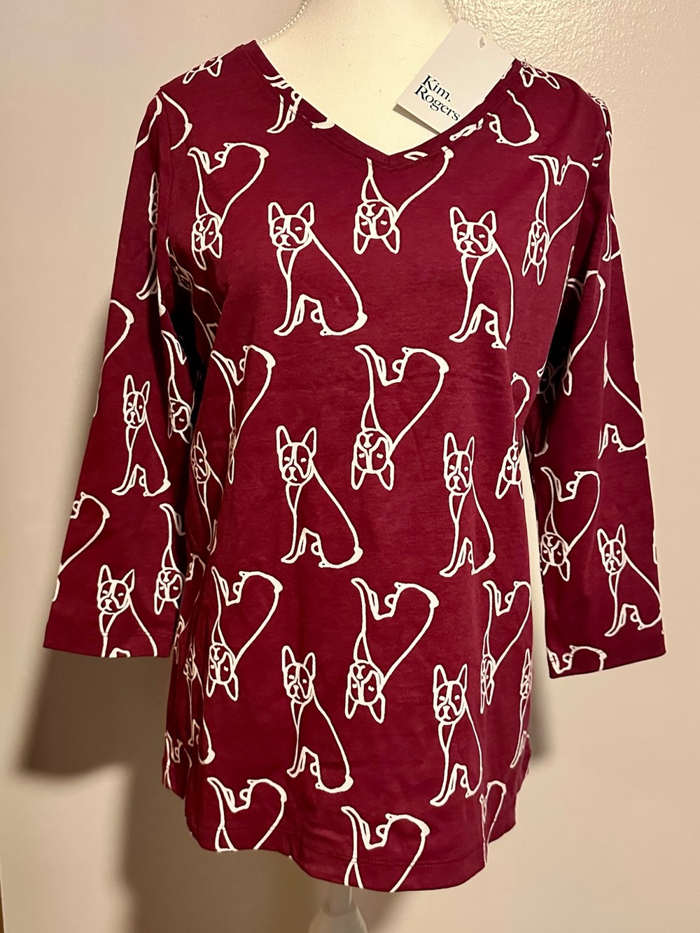 ADORABLE NWT Kim Rogers Maroon French Bulldog V-Neck Top
